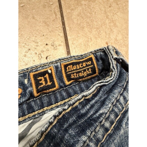 Rock Revival Jeans Mens 31x31 Moscow Straight Thick Stitch Blue Denim Embroider - Picture 4 of 12